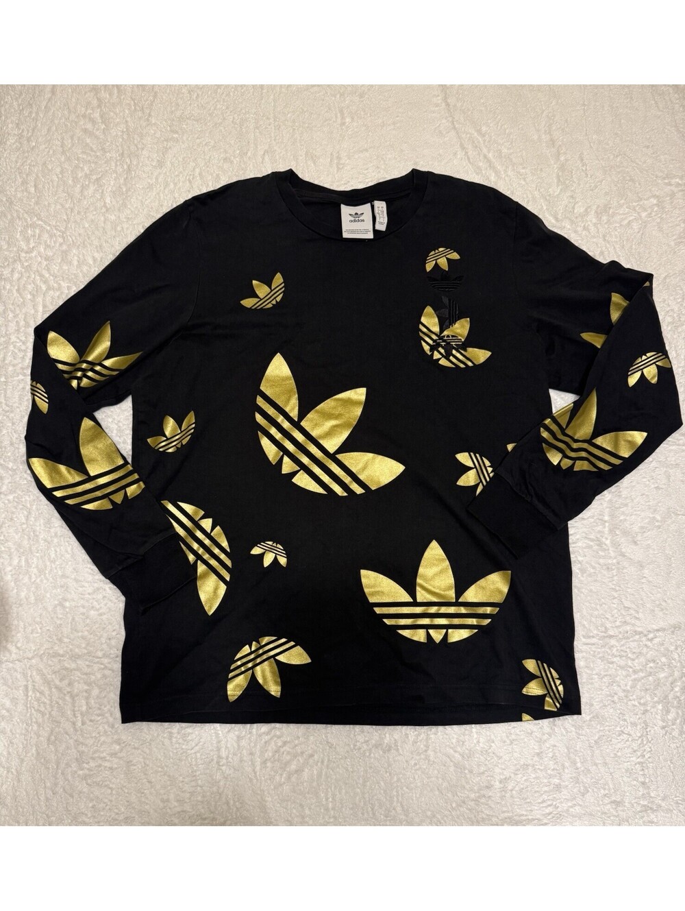 Adidas Women Black All Over Gold Logo Print Long Sleeve Sweatshirt Sz L -  A1019
